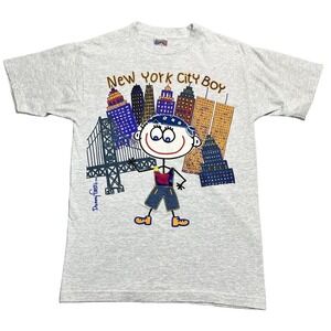 Vintage 90s NYC Skyline Stick Figure T-Shirt Medium Gray USA Made Rare Graphic